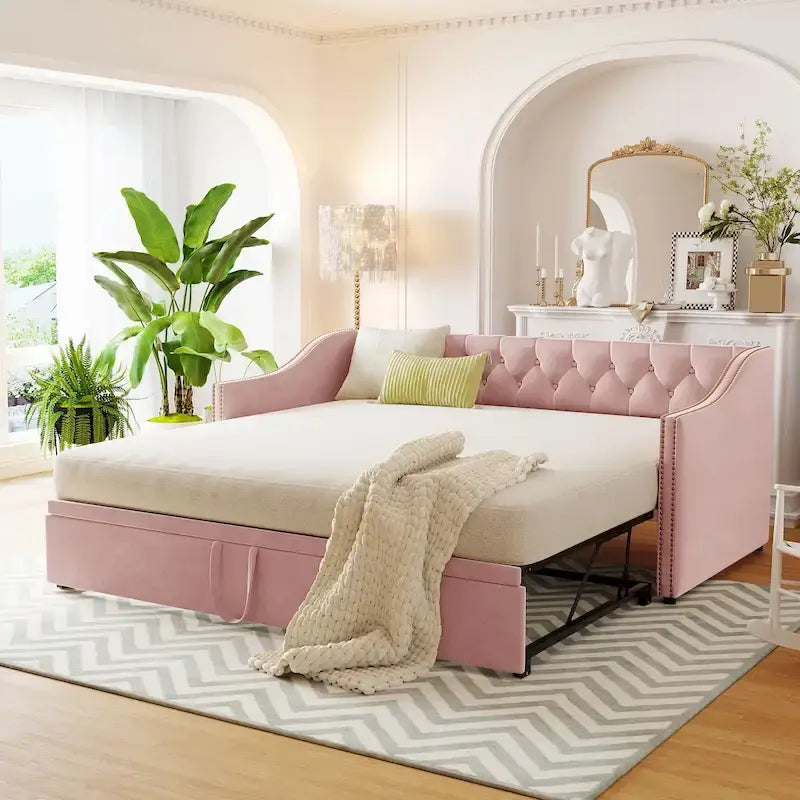 Upholstered Daybed with Pop-Up Trundle - Grey/Pink/Beige, Twin