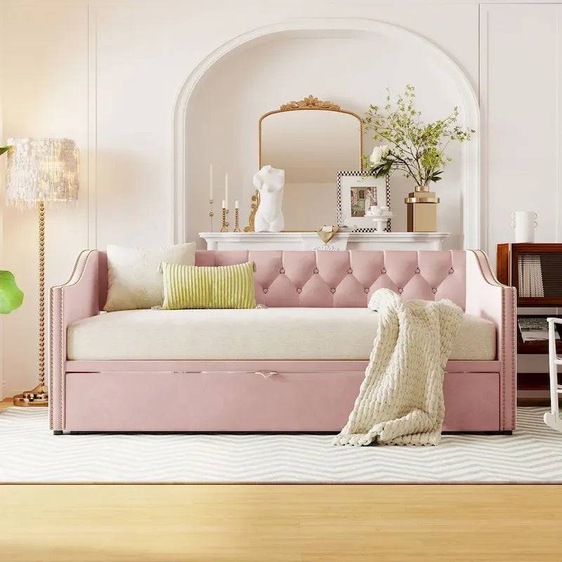 Upholstered Daybed with Pop-Up Trundle - Grey/Pink/Beige, Twin