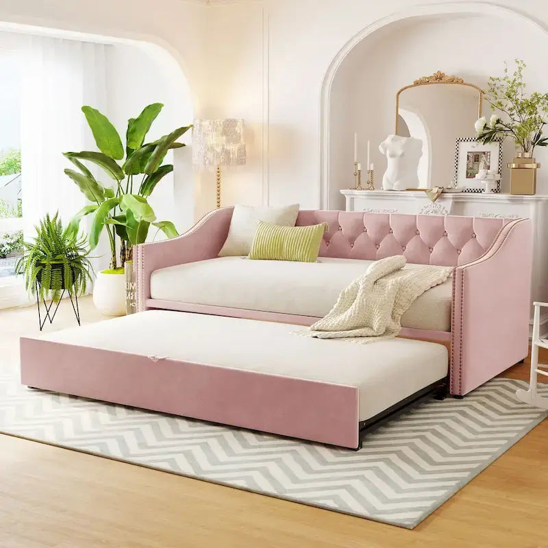 Upholstered Daybed with Pop-Up Trundle - Grey/Pink/Beige, Twin