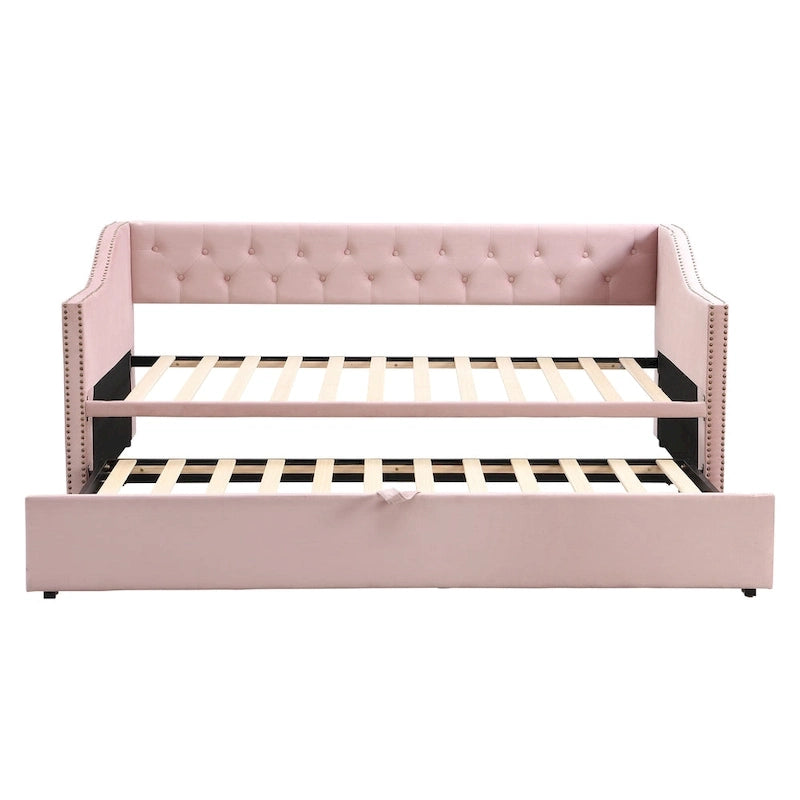Upholstered Daybed with Pop-Up Trundle - Grey/Pink/Beige, Twin