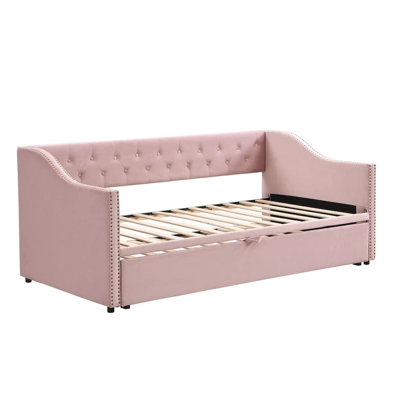 Upholstered Daybed with Pop-Up Trundle - Grey/Pink/Beige, Twin