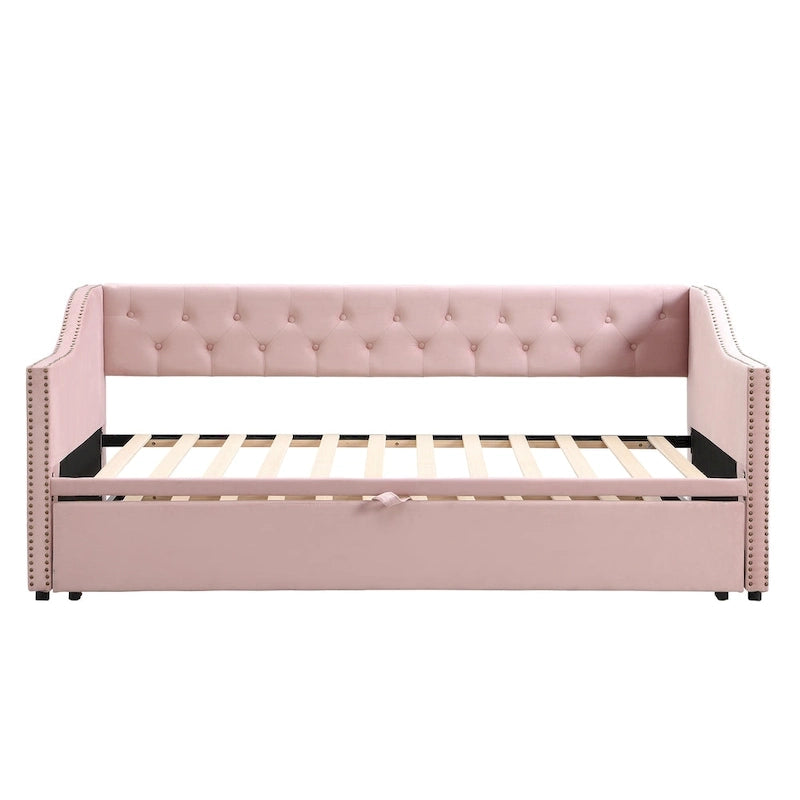 Upholstered Daybed with Pop-Up Trundle - Grey/Pink/Beige, Twin