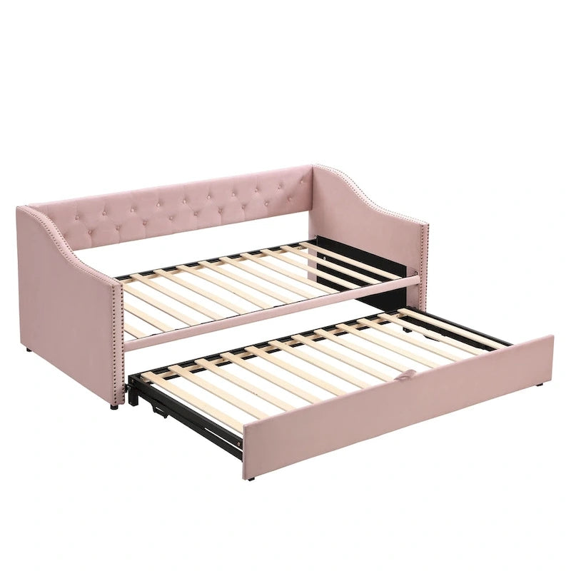 Upholstered Daybed with Pop-Up Trundle - Grey/Pink/Beige, Twin