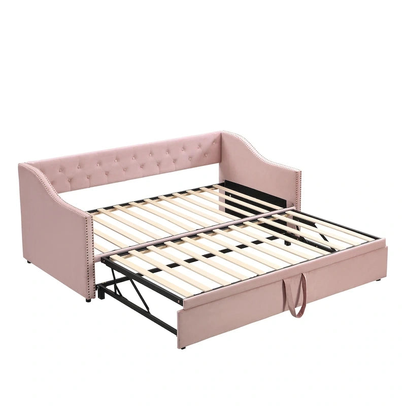 Upholstered Daybed with Pop-Up Trundle - Grey/Pink/Beige, Twin