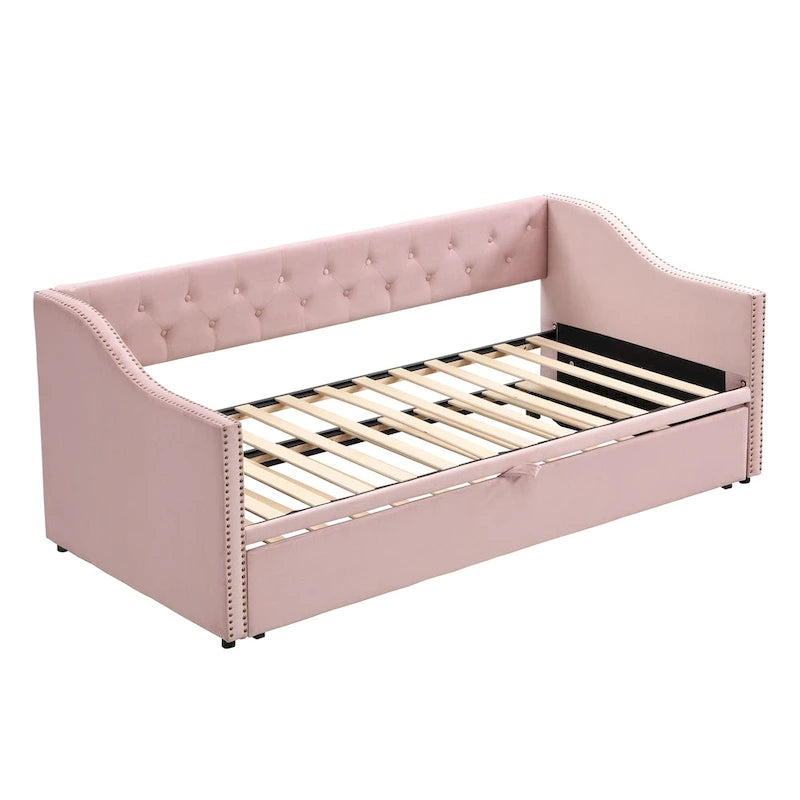 Upholstered Daybed with Pop-Up Trundle - Grey/Pink/Beige, Twin