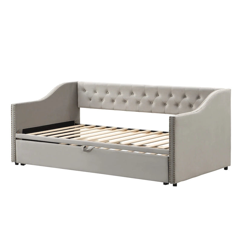 Upholstered Daybed with Pop-Up Trundle - Grey/Pink/Beige, Twin