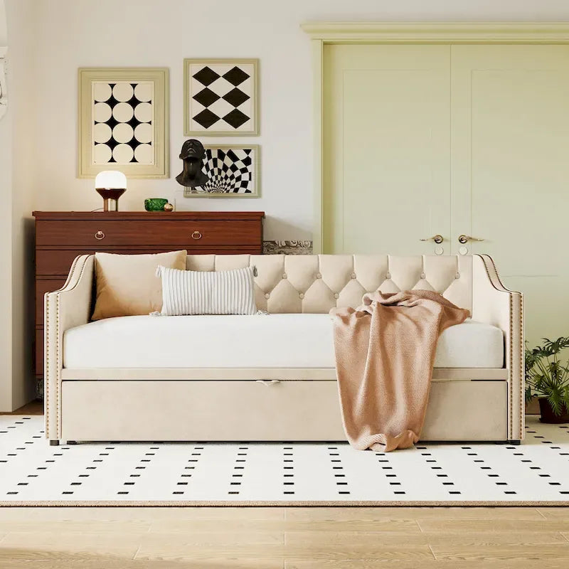 Upholstered Daybed with Pop-Up Trundle - Grey/Pink/Beige, Twin