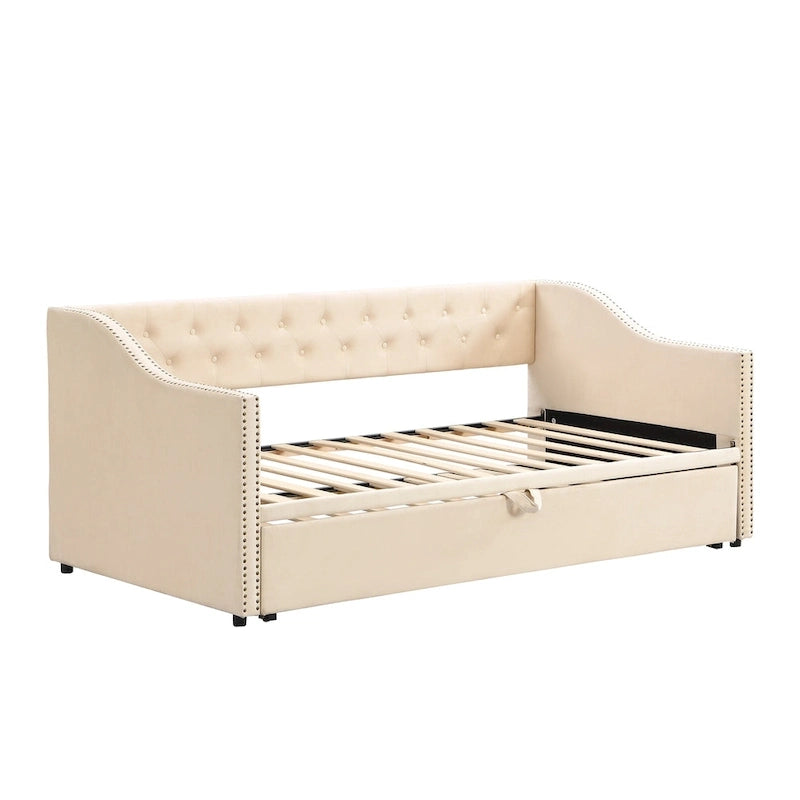 Upholstered Daybed with Pop-Up Trundle - Grey/Pink/Beige, Twin