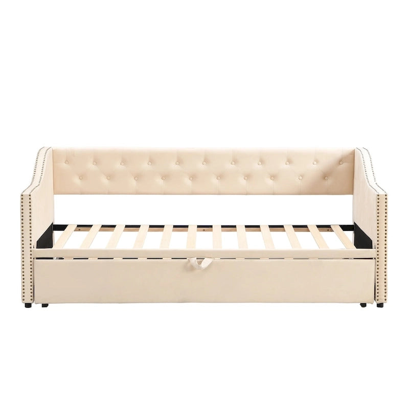 Upholstered Daybed with Pop-Up Trundle - Grey/Pink/Beige, Twin