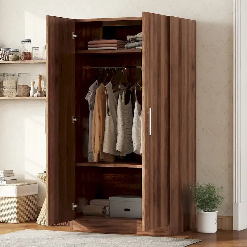 Wooden Wardrobe Armoire with Storage Shelves - Brown, 2-Door