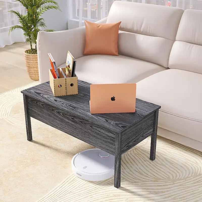 Modern Light Grey Woodgrain Lift Top Coffee Table Desk with Hidden Storage for Living Room