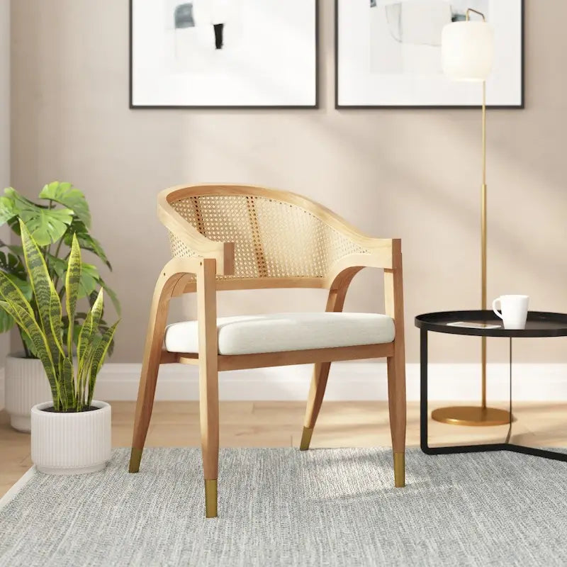 Cane Rattan Woven Back Dining Chair with Upholstered Seat