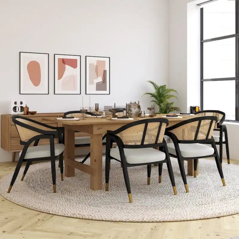 Rattan Dining Chair with Upholstered Seat - Natural/Black