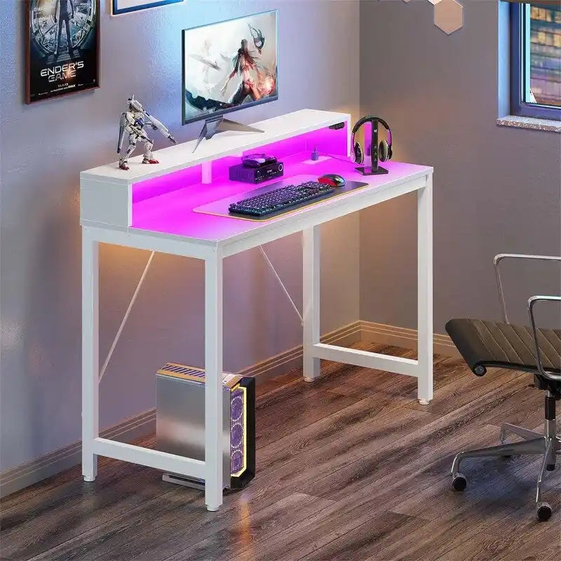 Computer Desk with LED Lights - Brown/Black/White, 39"