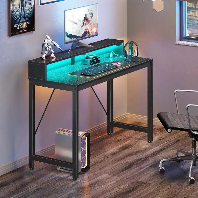 Computer Desk with LED Lights - Brown/Black/White, 39"