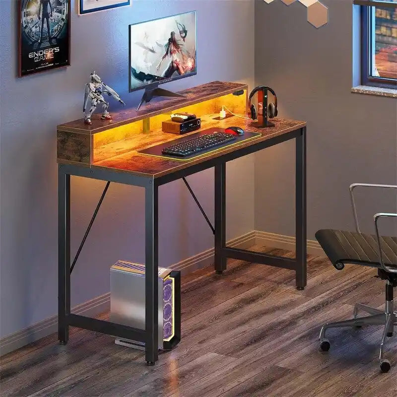 Computer Desk with LED Lights - Brown/Black/White, 39"