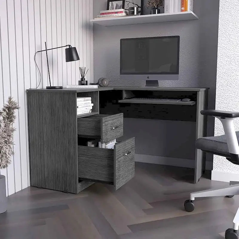 L-Shaped Desk Bradford, Keyboard Shelf, Smokey Oak Finish,High quality and durable