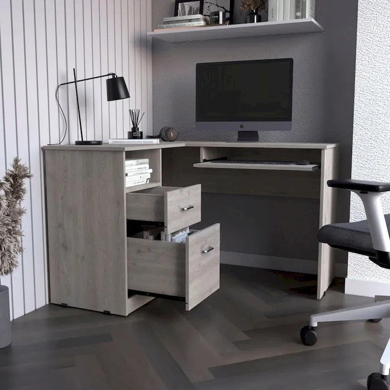 L-Shaped Desk with Keyboard Shelf - Dark Gray/Gray