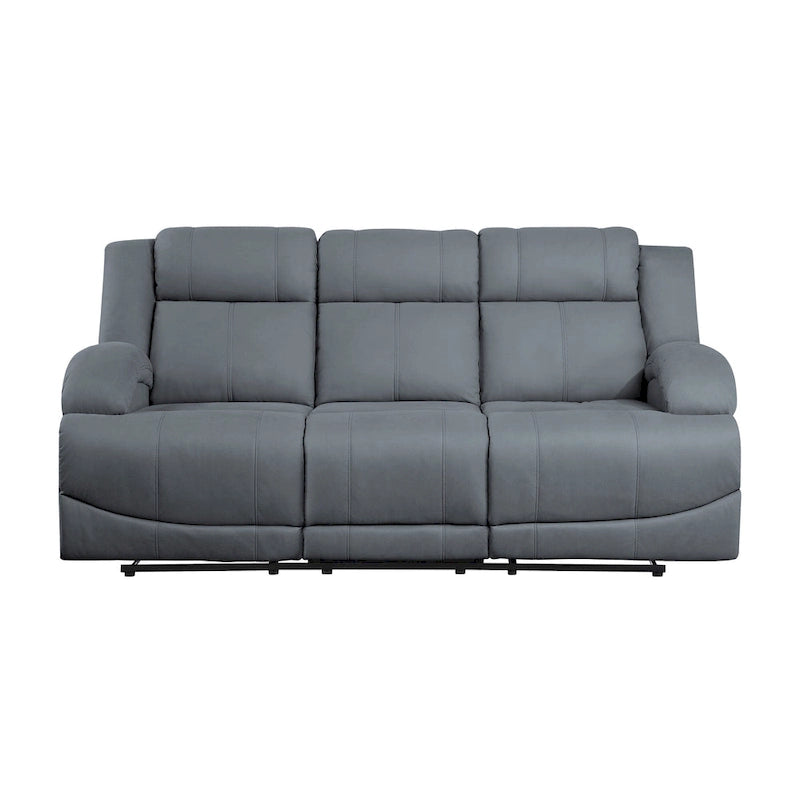 Kate 82 Inch Double Manual Recliner Sofa, Blue Microfiber, Solid Wood