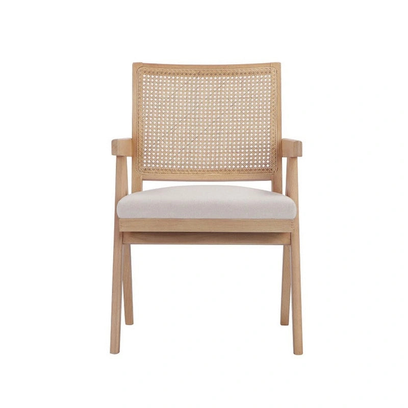 Isha 24 Inch Armchair with Cane Back, Off White Velvet, Brown Wood Frame