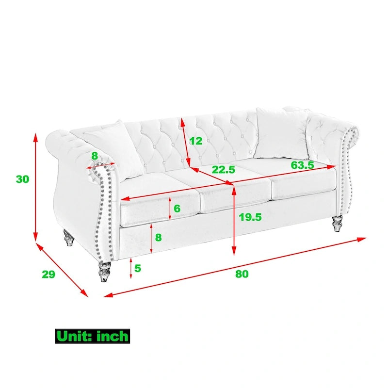 80 3 Seater Velvet Sofa with Rolled Arms and Two Pillows