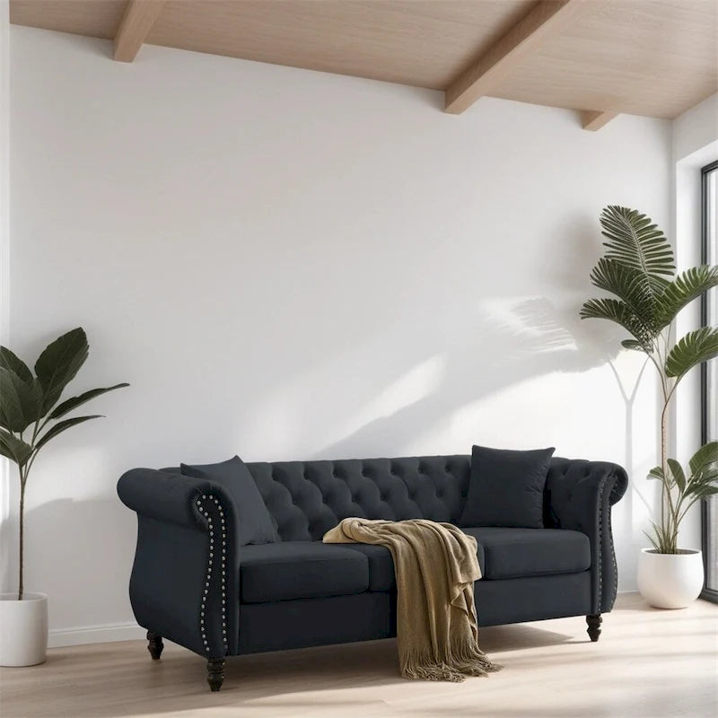 Velvet Sofa with Rolled Arms - Black, 3-Seater