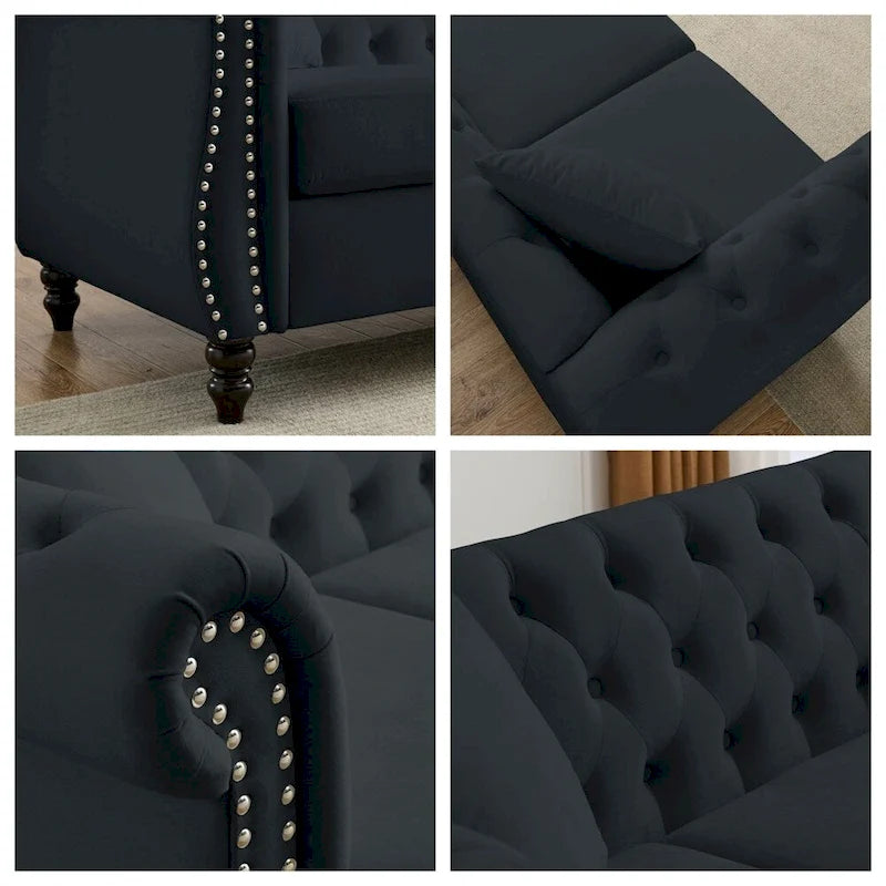 Velvet Sofa with Rolled Arms - Black, 3-Seater