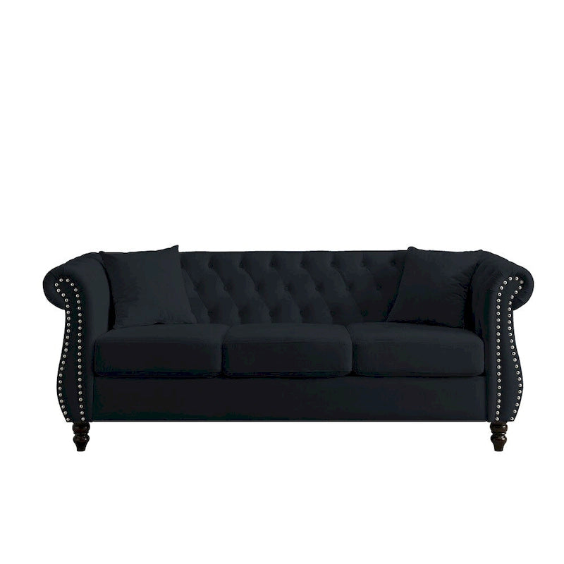 Velvet Sofa with Rolled Arms - Black, 3-Seater