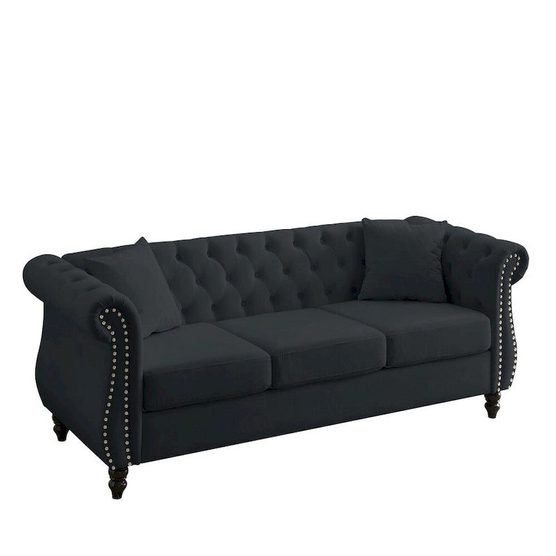 Velvet Sofa with Rolled Arms - Black, 3-Seater