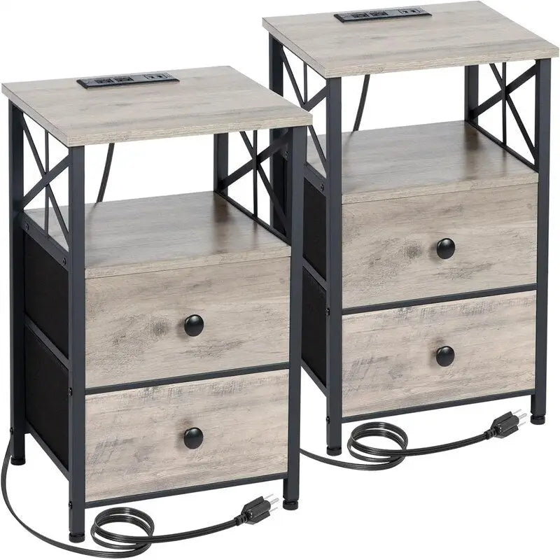 Nightstand with Charging Station - Greige/Brown/Black
