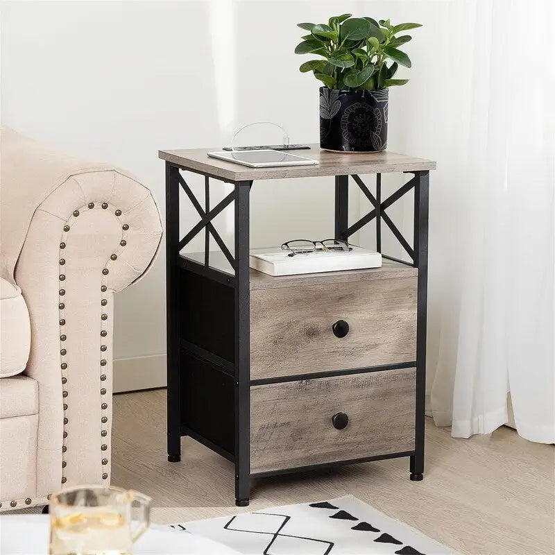 Nightstand with Charging Station - Greige/Brown/Black