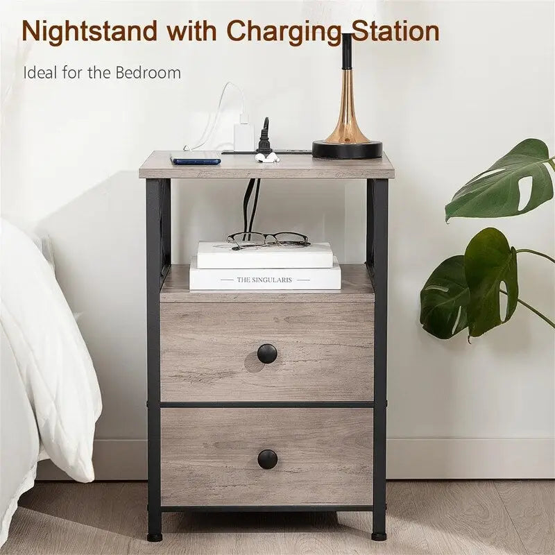 Nightstand with Charging Station - Greige/Brown/Black