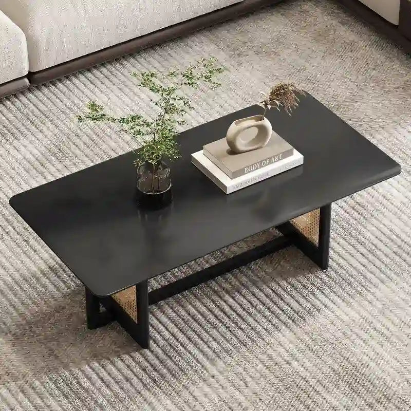 Solid Wood Coffee Table with Rattan Design - Black/White