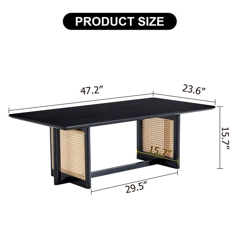 Solid Wood Coffee Table with Rattan Design - Black/White