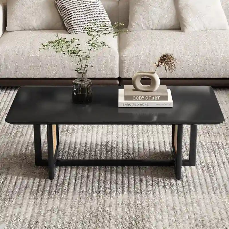 Solid Wood Coffee Table with Rattan Design - Black/White