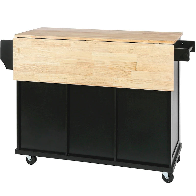 Kitchen Island with Wheels and Drop Leaf - Blue/White/Black, 3-Drawer