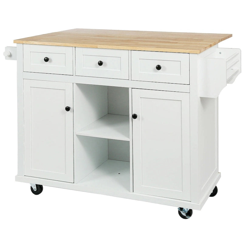 Kitchen Island with Wheels and Drop Leaf - Blue/White/Black, 3-Drawer