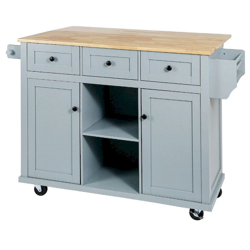 Kitchen Island with Wheels and Drop Leaf - Blue/White/Black, 3-Drawer