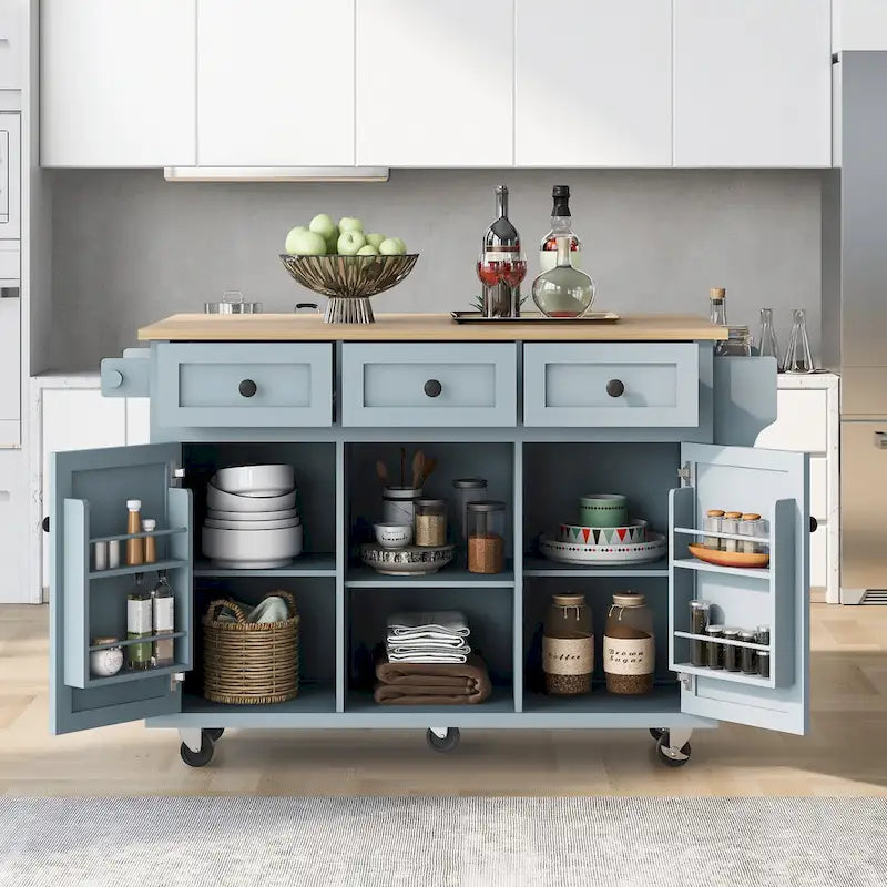Kitchen Island with Wheels and Drop Leaf - Blue/White/Black, 3-Drawer