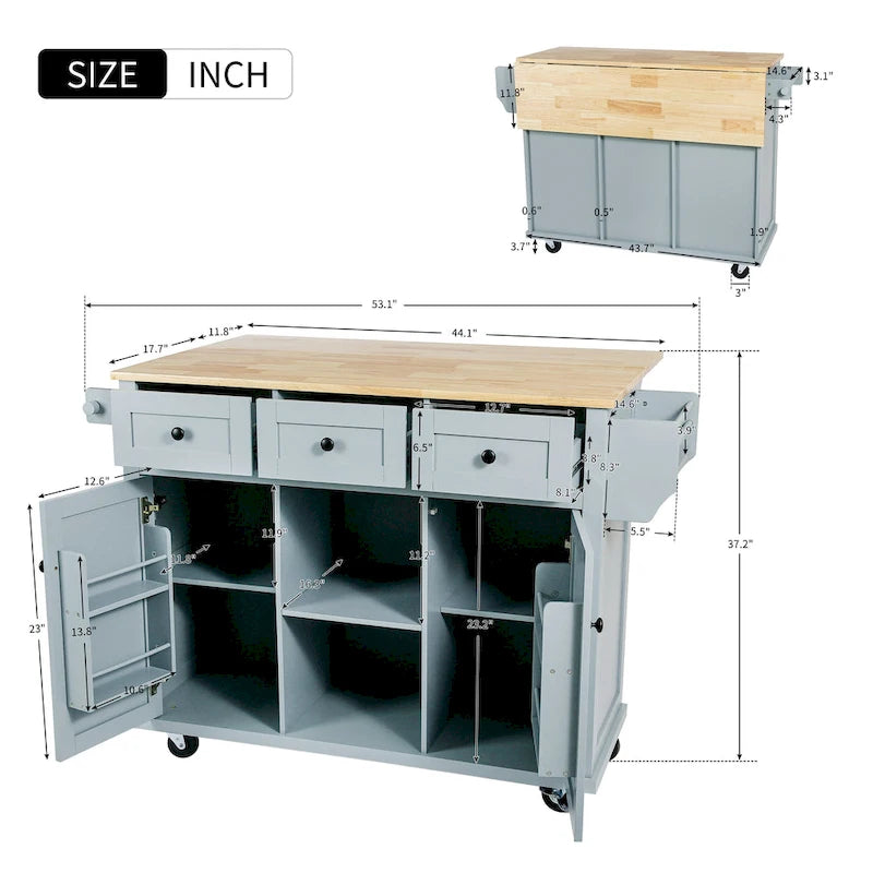 Kitchen Island with Wheels and Drop Leaf - Blue/White/Black, 3-Drawer