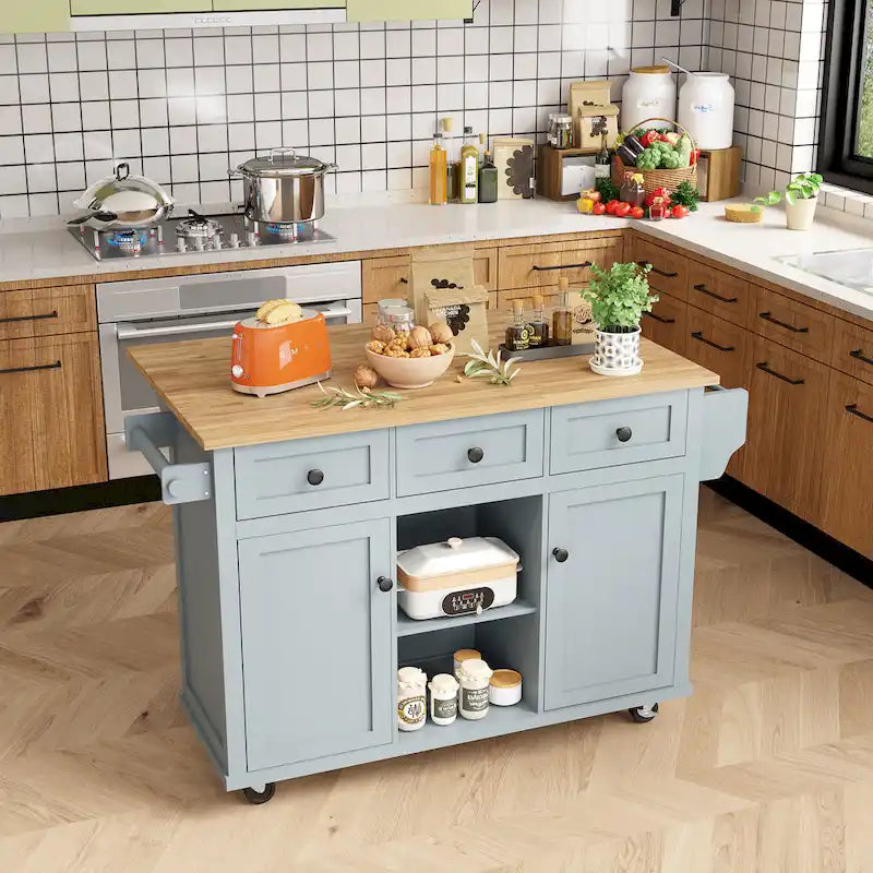 Kitchen Island with Wheels and Drop Leaf - Blue/White/Black, 3-Drawer