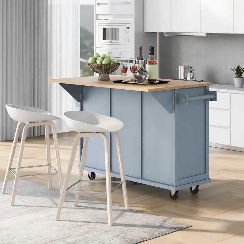 Kitchen Island with Wheels and Drop Leaf - Blue/White/Black, 3-Drawer