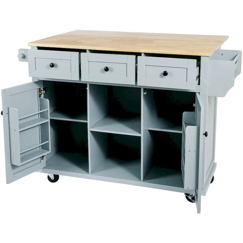 Kitchen Island with Wheels and Drop Leaf - Blue/White/Black, 3-Drawer
