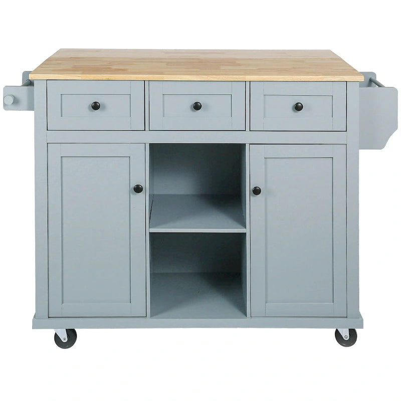 Kitchen Island with Wheels and Drop Leaf - Blue/White/Black, 3-Drawer