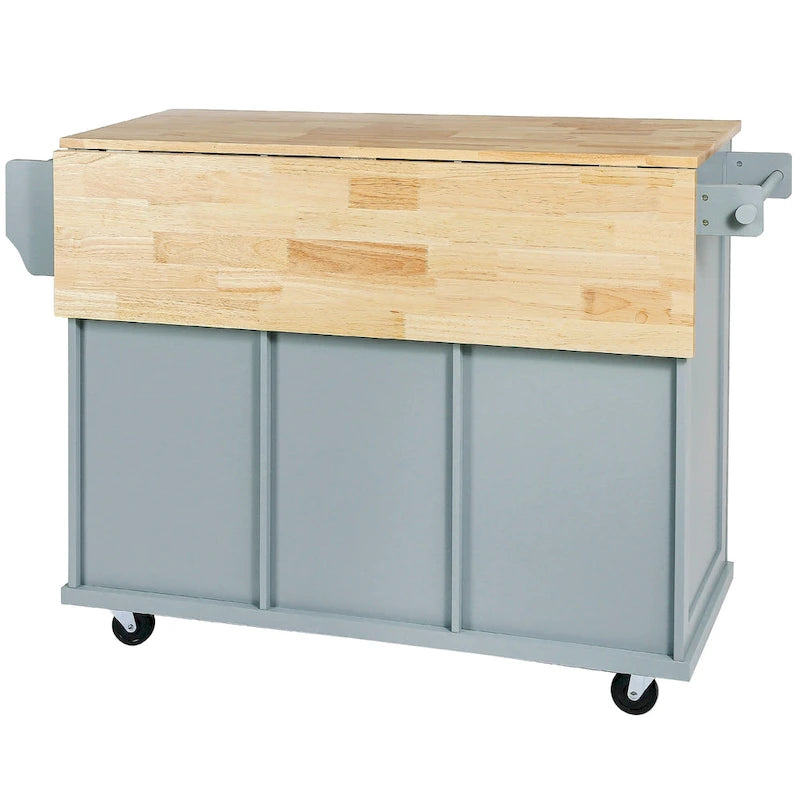 Kitchen Island with Wheels and Drop Leaf - Blue/White/Black, 3-Drawer
