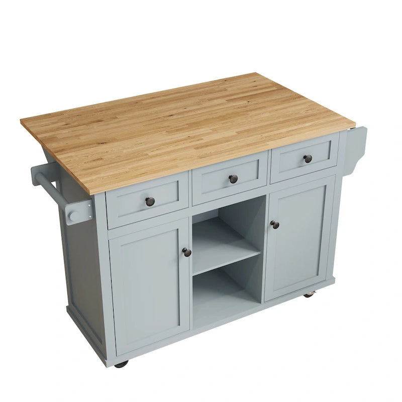 Kitchen Island with Wheels and Drop Leaf - Blue/White/Black, 3-Drawer
