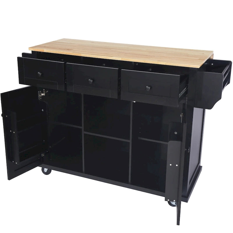 Kitchen Island with Wheels and Drop Leaf - Blue/White/Black, 3-Drawer