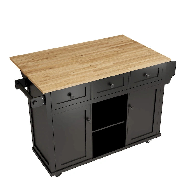 Kitchen Island with Wheels and Drop Leaf - Blue/White/Black, 3-Drawer