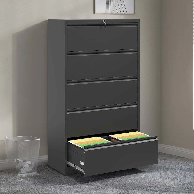 Lateral File Cabinet with Lock - Black/White, 5-Drawer