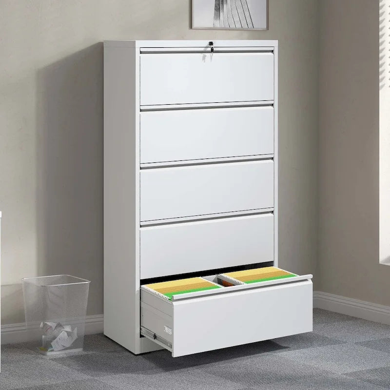 Lateral File Cabinet with Lock - Black/White, 5-Drawer
